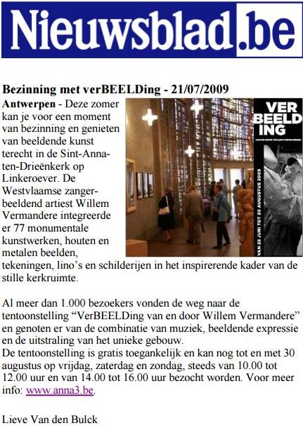 ANNA3 in de pers | 20 juli 2009 | Het nieuwsblad - Bezinning met verBEELDing | Willem Vermandere
